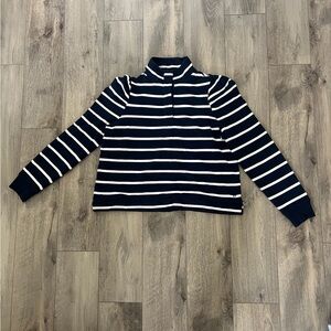 Crown and ivy Women's Long Puff Sleeve Harper Top. Blue/White striped. L.